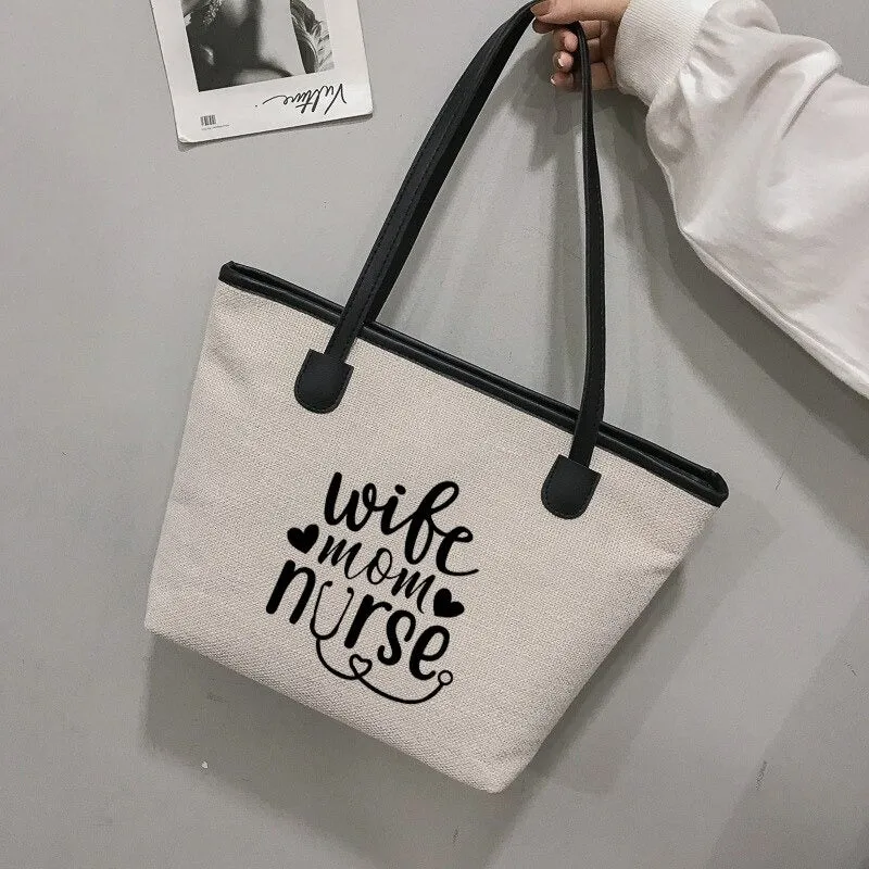 Cute Large Capacity Zippered Nurse Print Canvas Shoulder Tote Bags