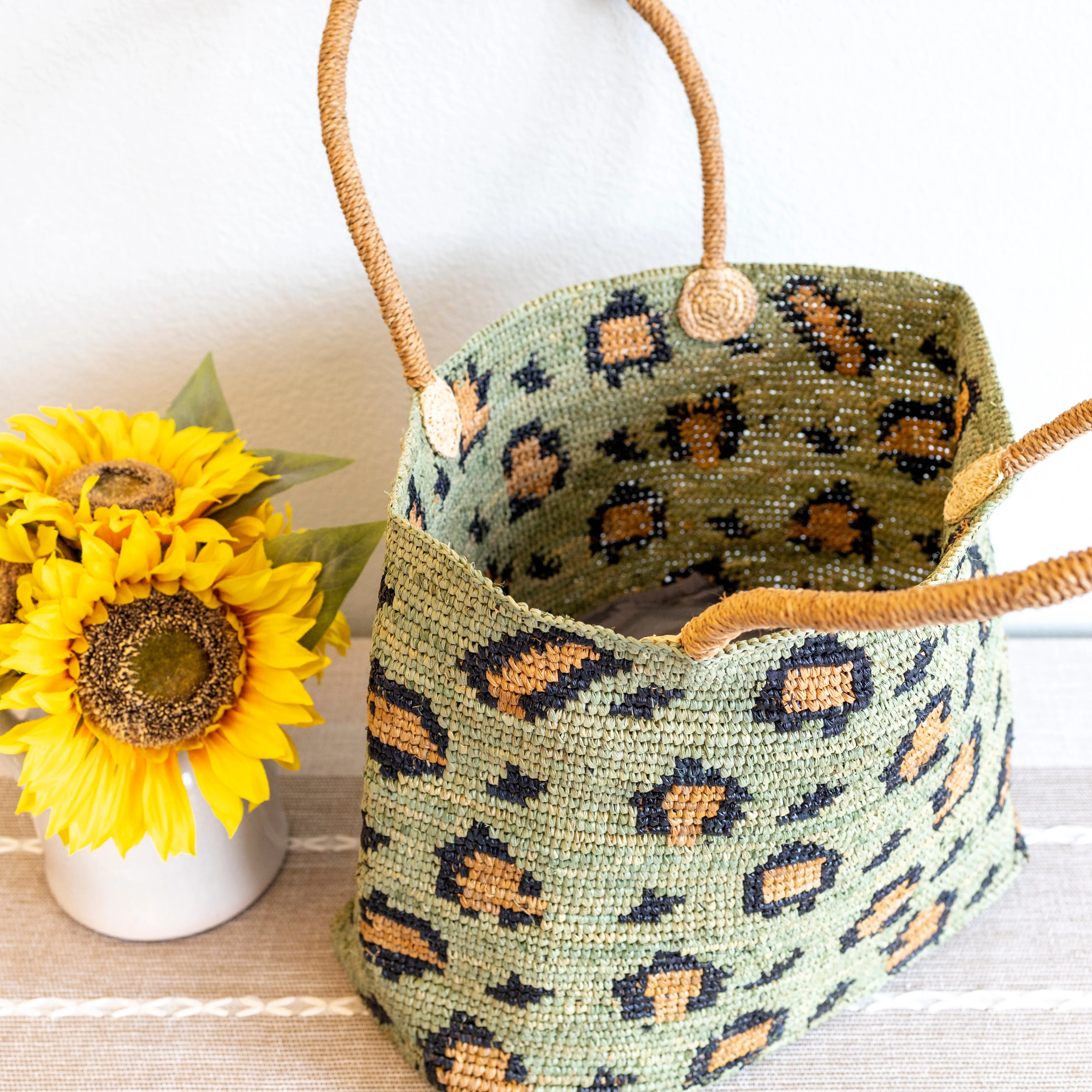 Elena Handbags Green Leopard Design Raffia Summer Tote Bag