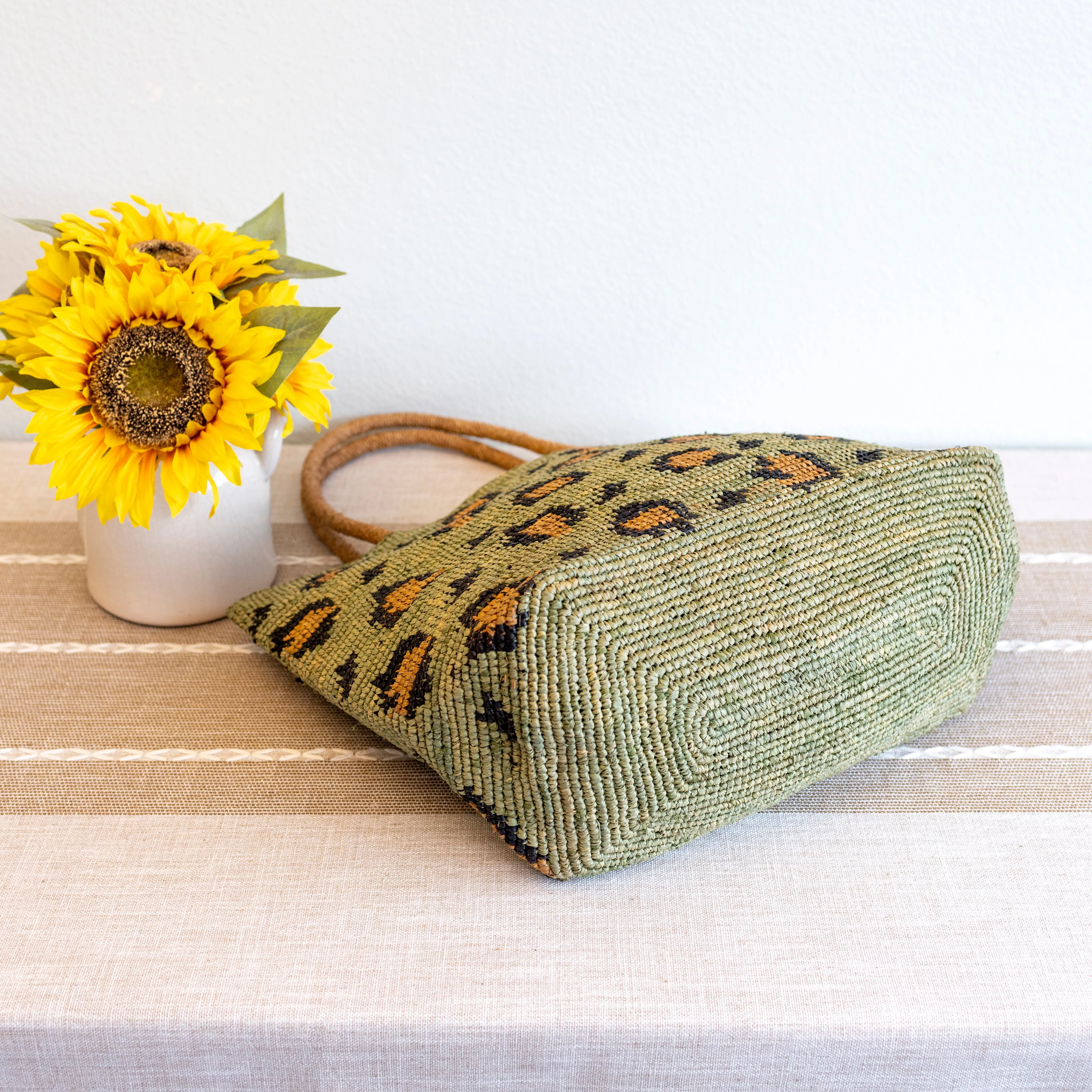 Elena Handbags Green Leopard Design Raffia Summer Tote Bag