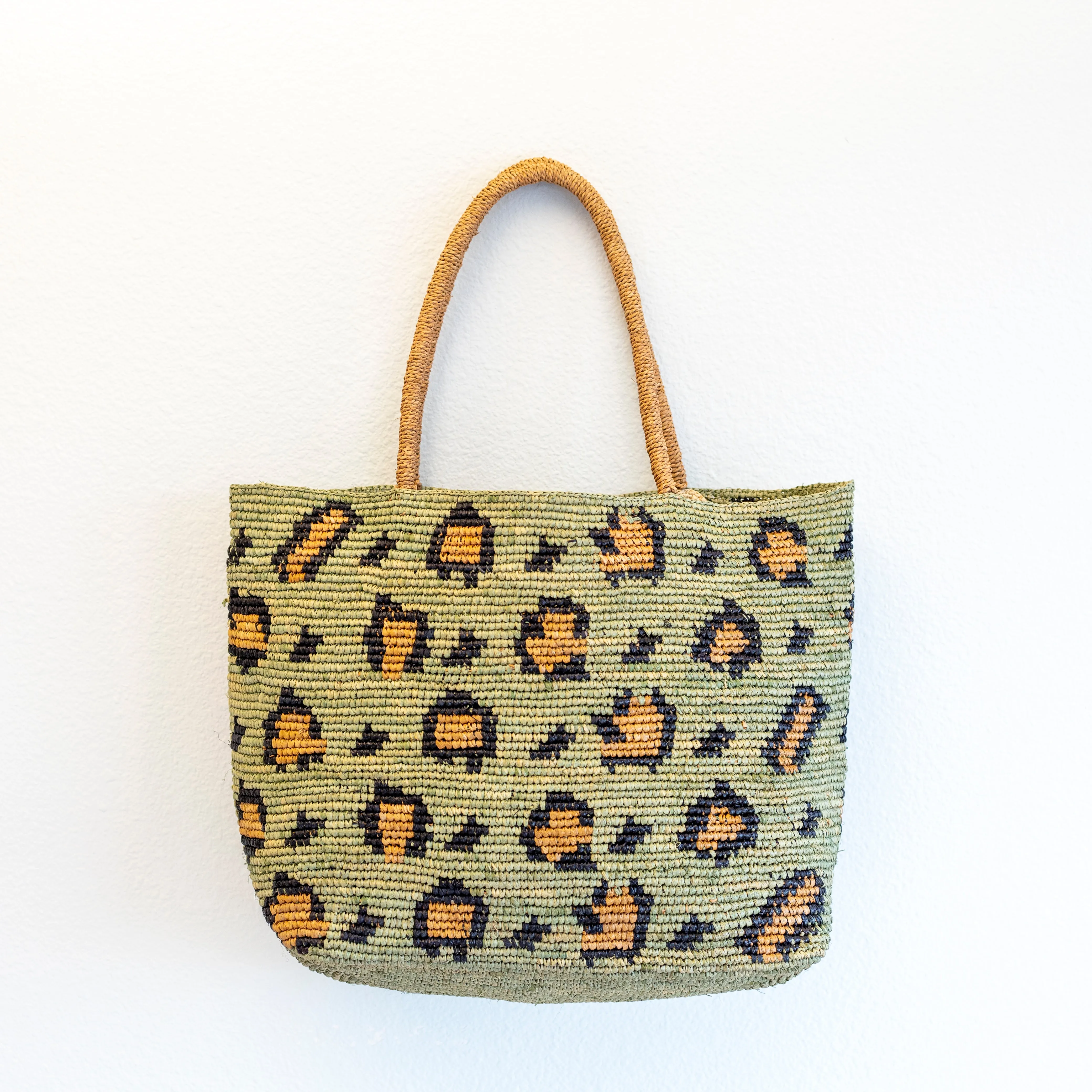 Elena Handbags Green Leopard Design Raffia Summer Tote Bag