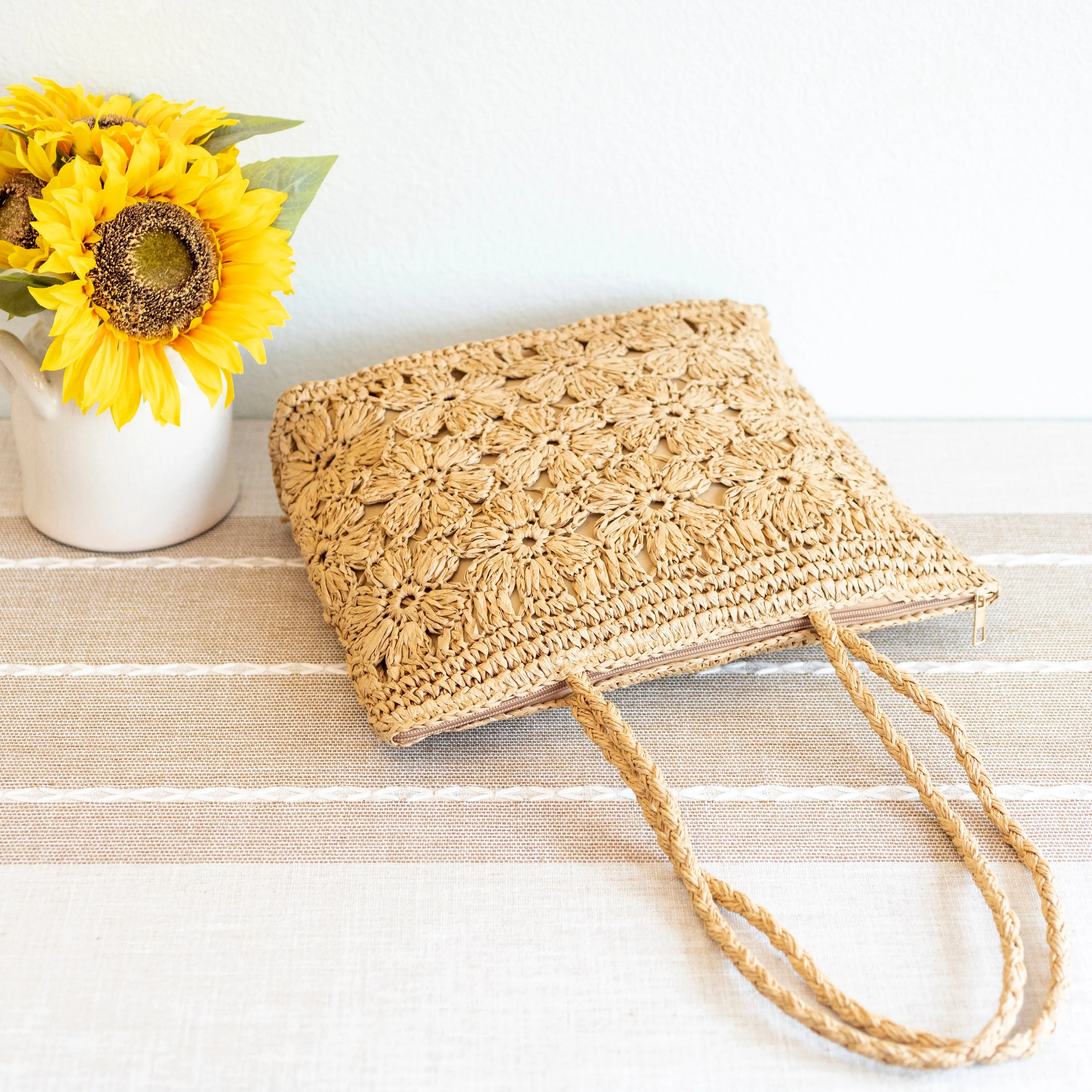 Elena Handbags Straw Woven Tote with Floral Design