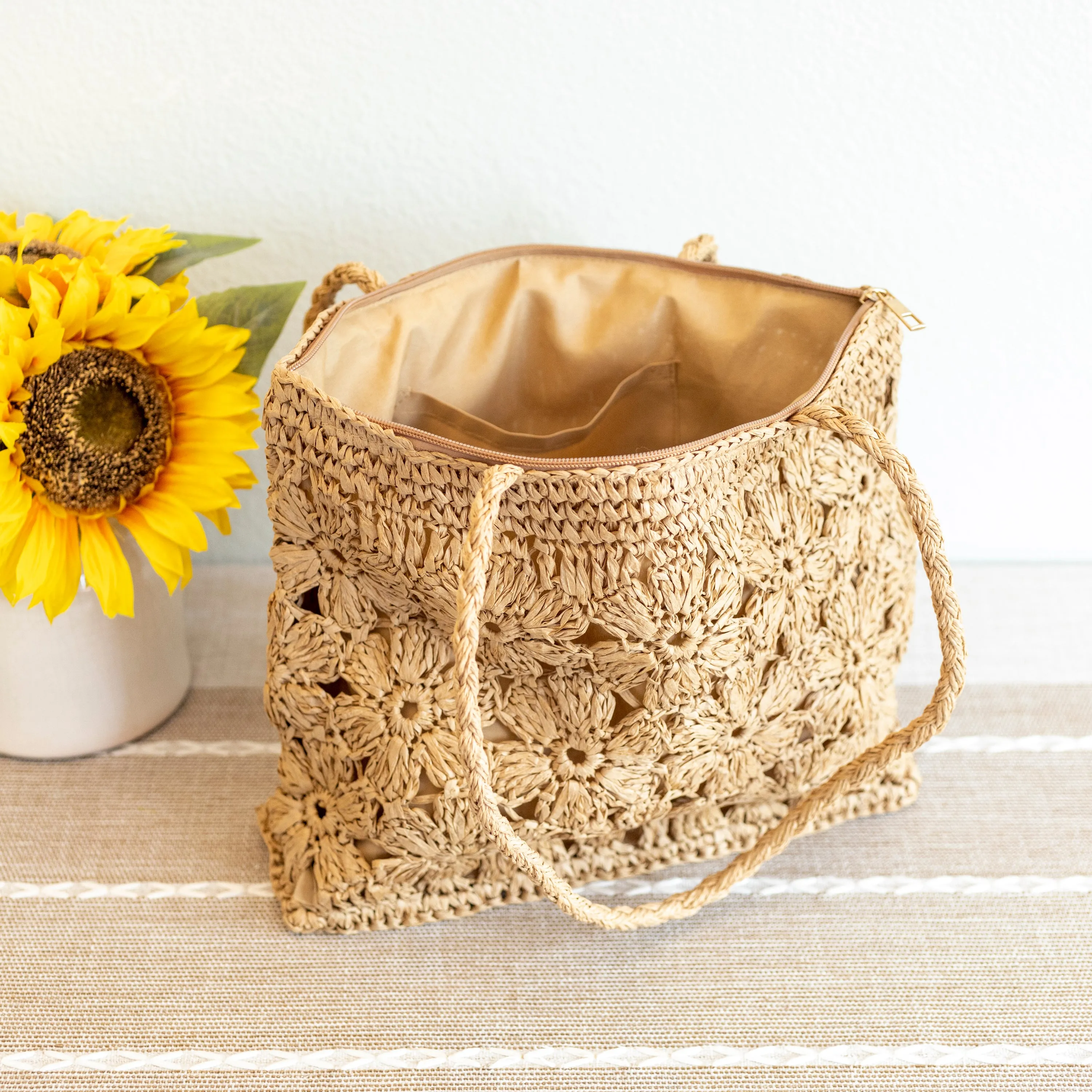 Elena Handbags Straw Woven Tote with Floral Design