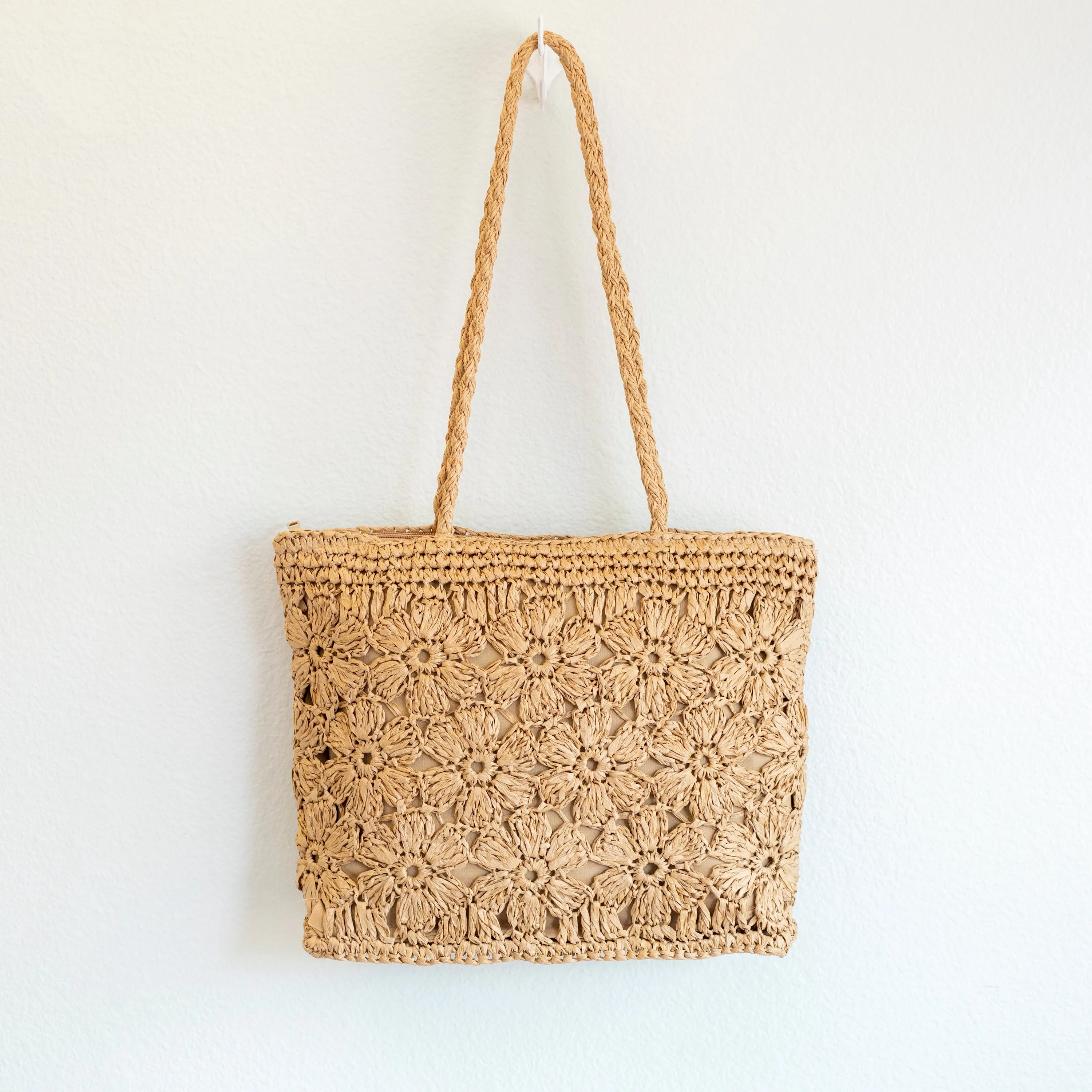 Elena Handbags Straw Woven Tote with Floral Design