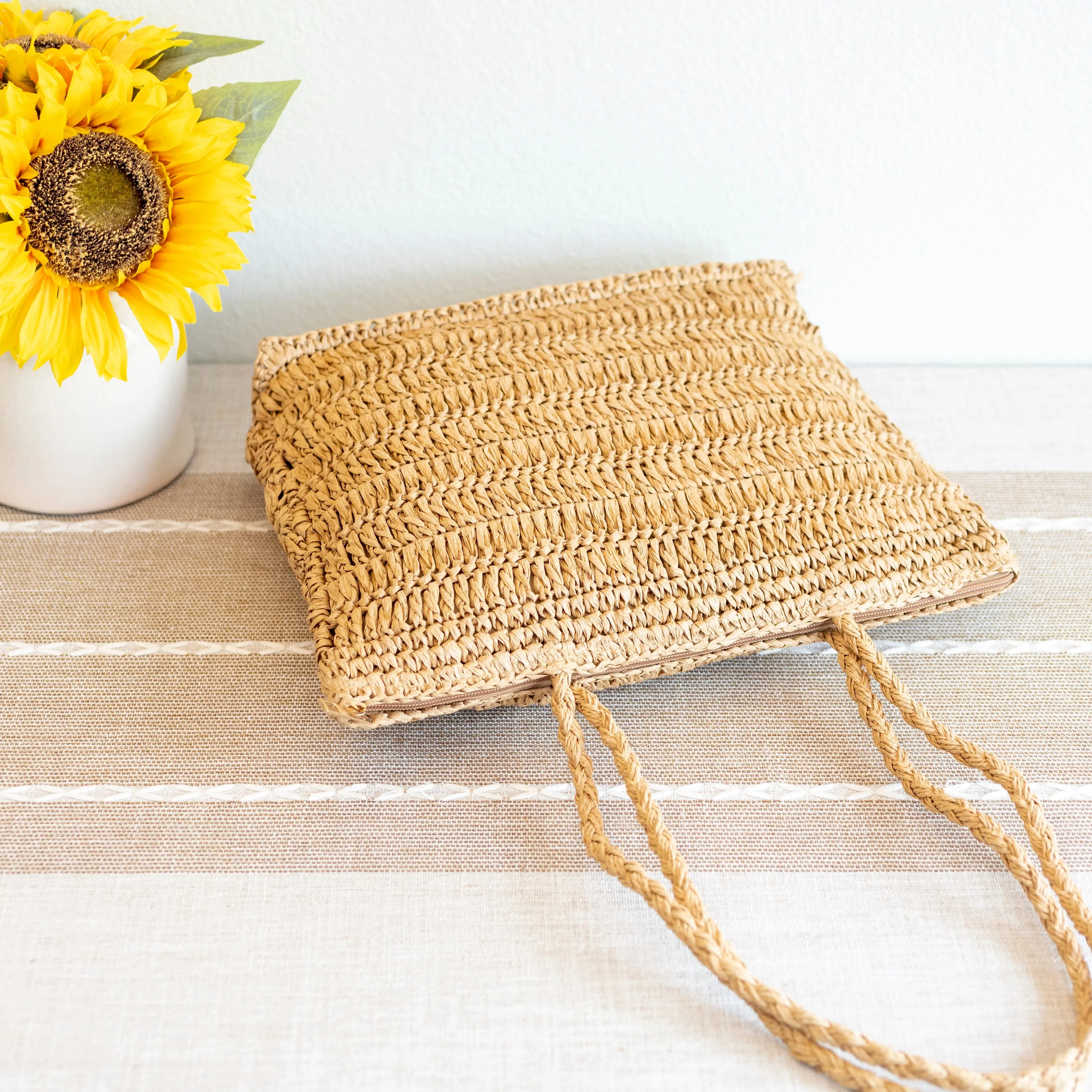 Elena Handbags Straw Woven Tote with Floral Design