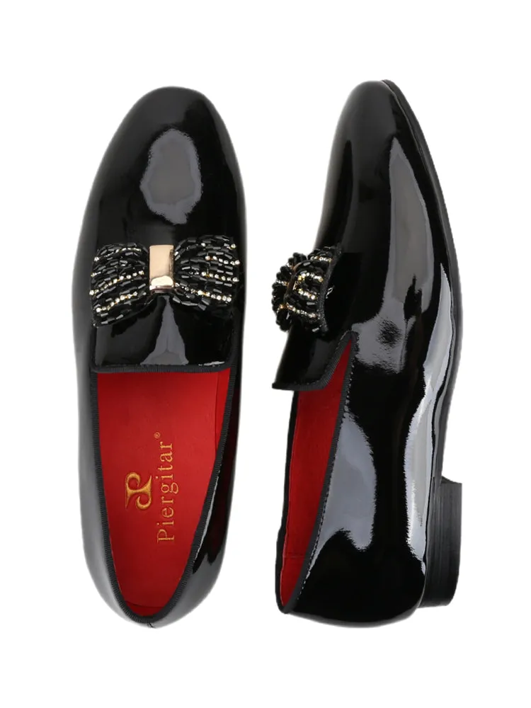 European and American banquet style handmade patent leather loafers with rhinestone bows for men's party formal shoes with genuine leather lining
