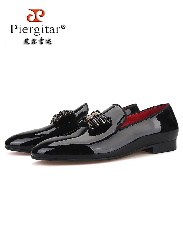 European and American banquet style handmade patent leather loafers with rhinestone bows for men's party formal shoes with genuine leather lining