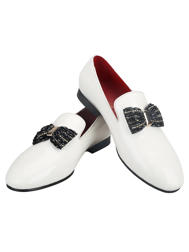 European and American banquet style handmade patent leather loafers with rhinestone bows for men's party formal shoes with genuine leather lining