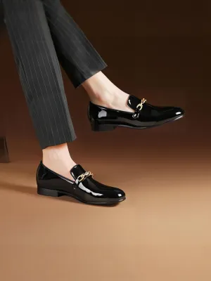 Foreign trade source factory black first-layer cowhide patent leather slip-on loafers metal chain buckle trendy formal shoes