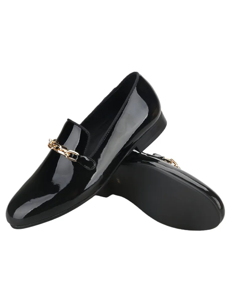 Foreign trade source factory black first-layer cowhide patent leather slip-on loafers metal chain buckle trendy formal shoes
