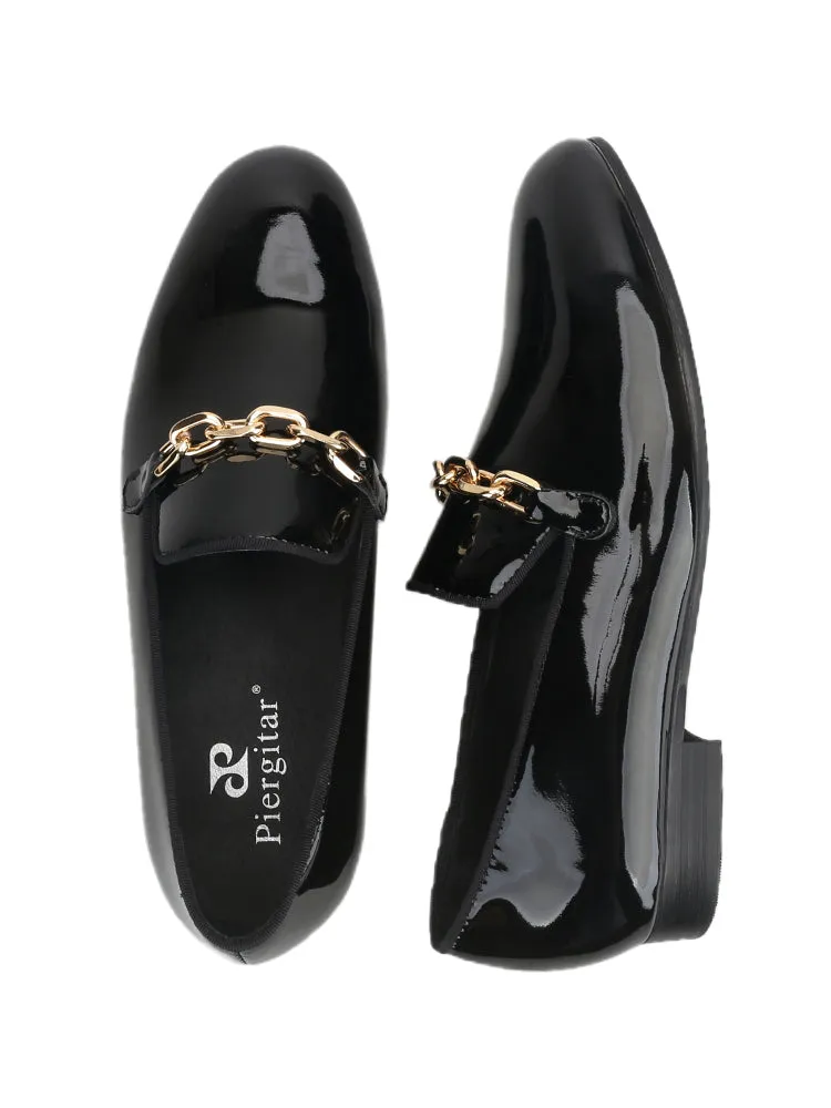 Foreign trade source factory black first-layer cowhide patent leather slip-on loafers metal chain buckle trendy formal shoes