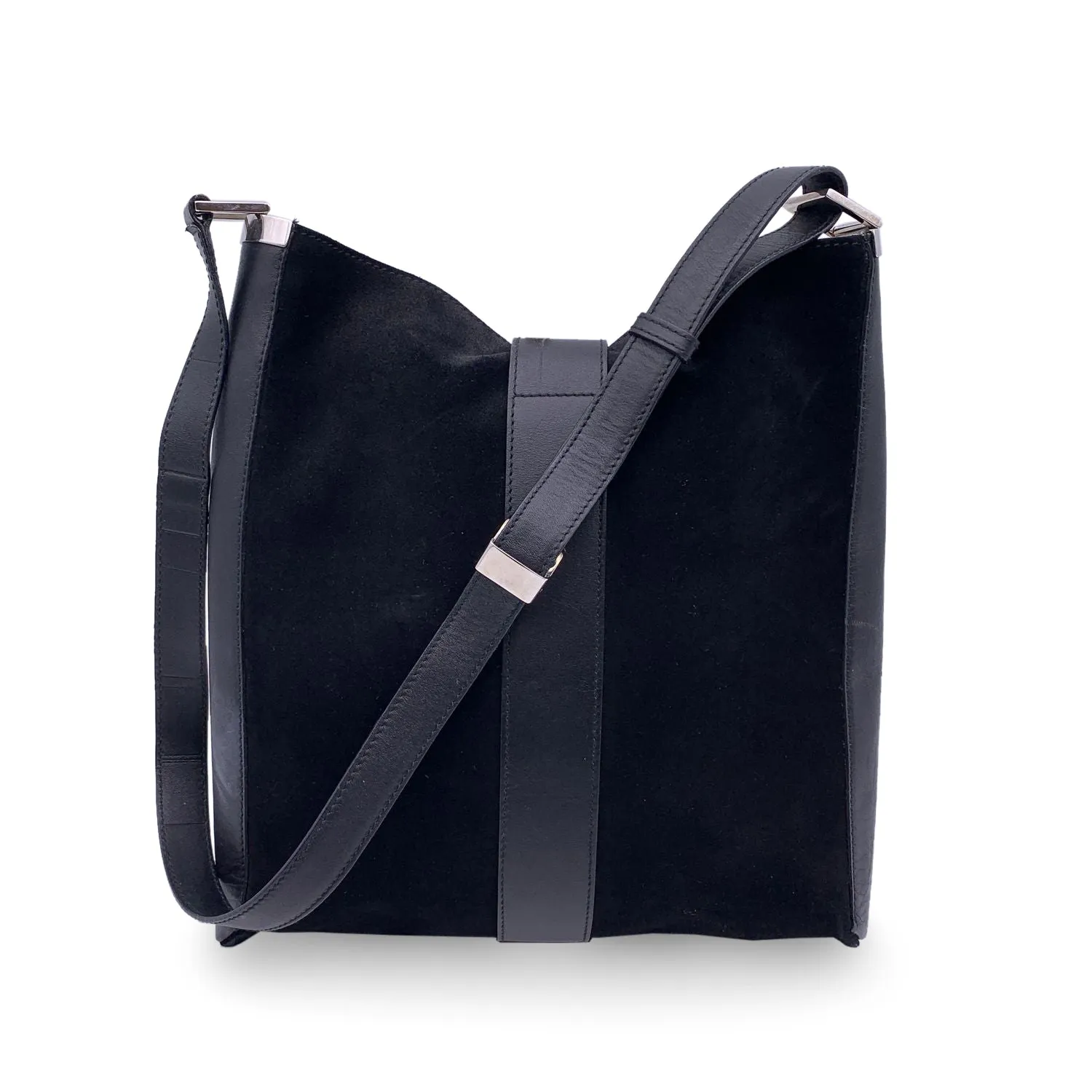 Gucci Black Suede and Leather Vertical Shoulder Bag Tote