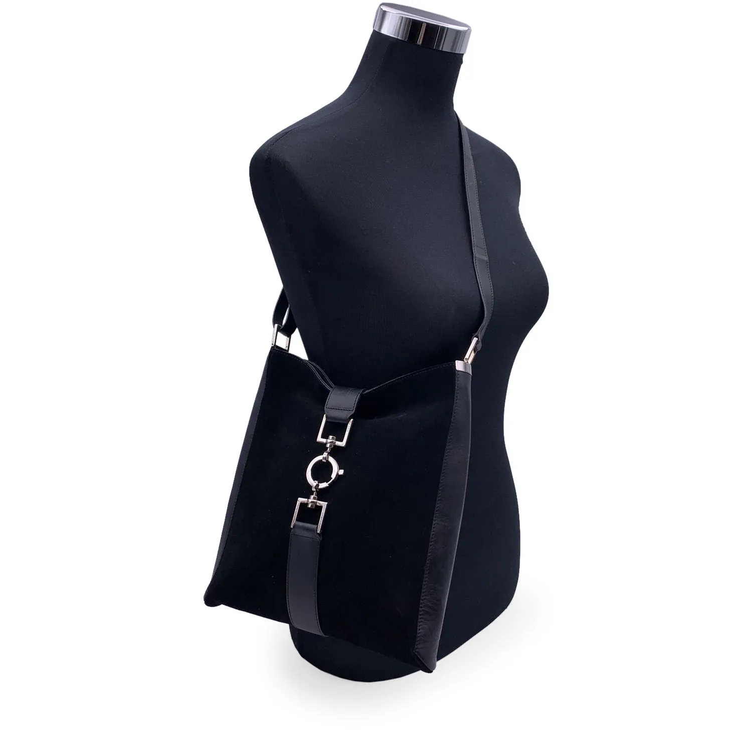 Gucci Black Suede and Leather Vertical Shoulder Bag Tote