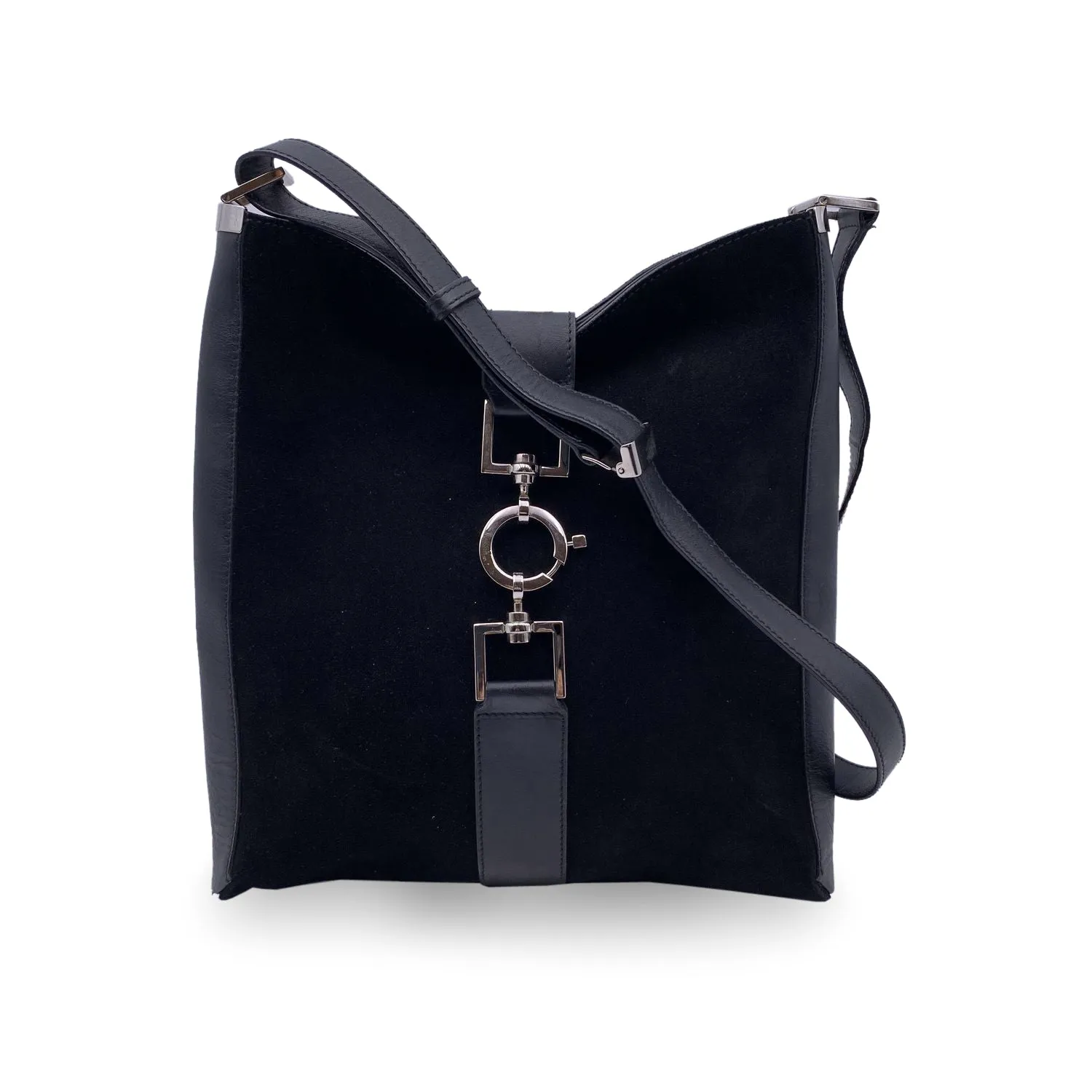 Gucci Black Suede and Leather Vertical Shoulder Bag Tote