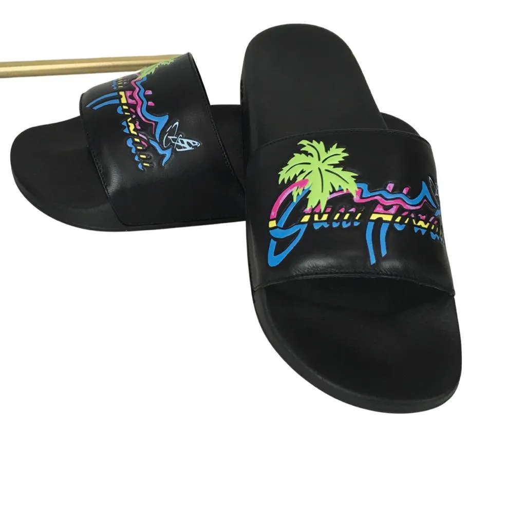 Gucci Men's Pursuit Pool Slide Sandals Logo Hawaiian Sz 9 Black Color