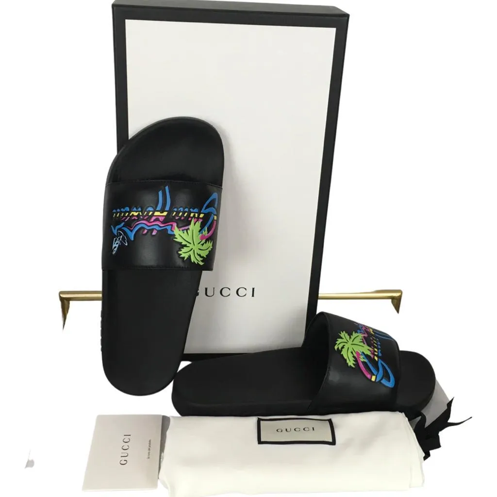 Gucci Men's Pursuit Pool Slide Sandals Logo Hawaiian Sz 9 Black Color