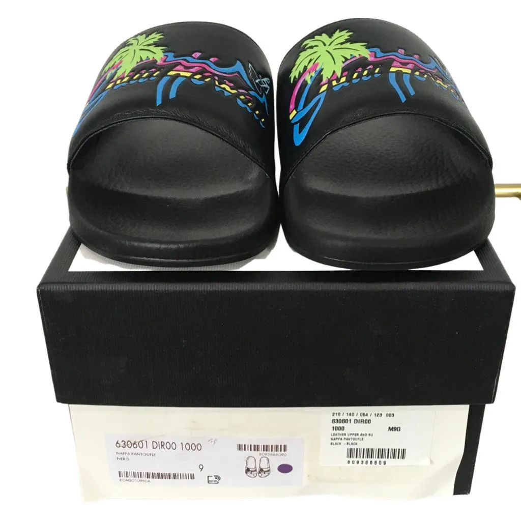 Gucci Men's Pursuit Pool Slide Sandals Logo Hawaiian Sz 9 Black Color