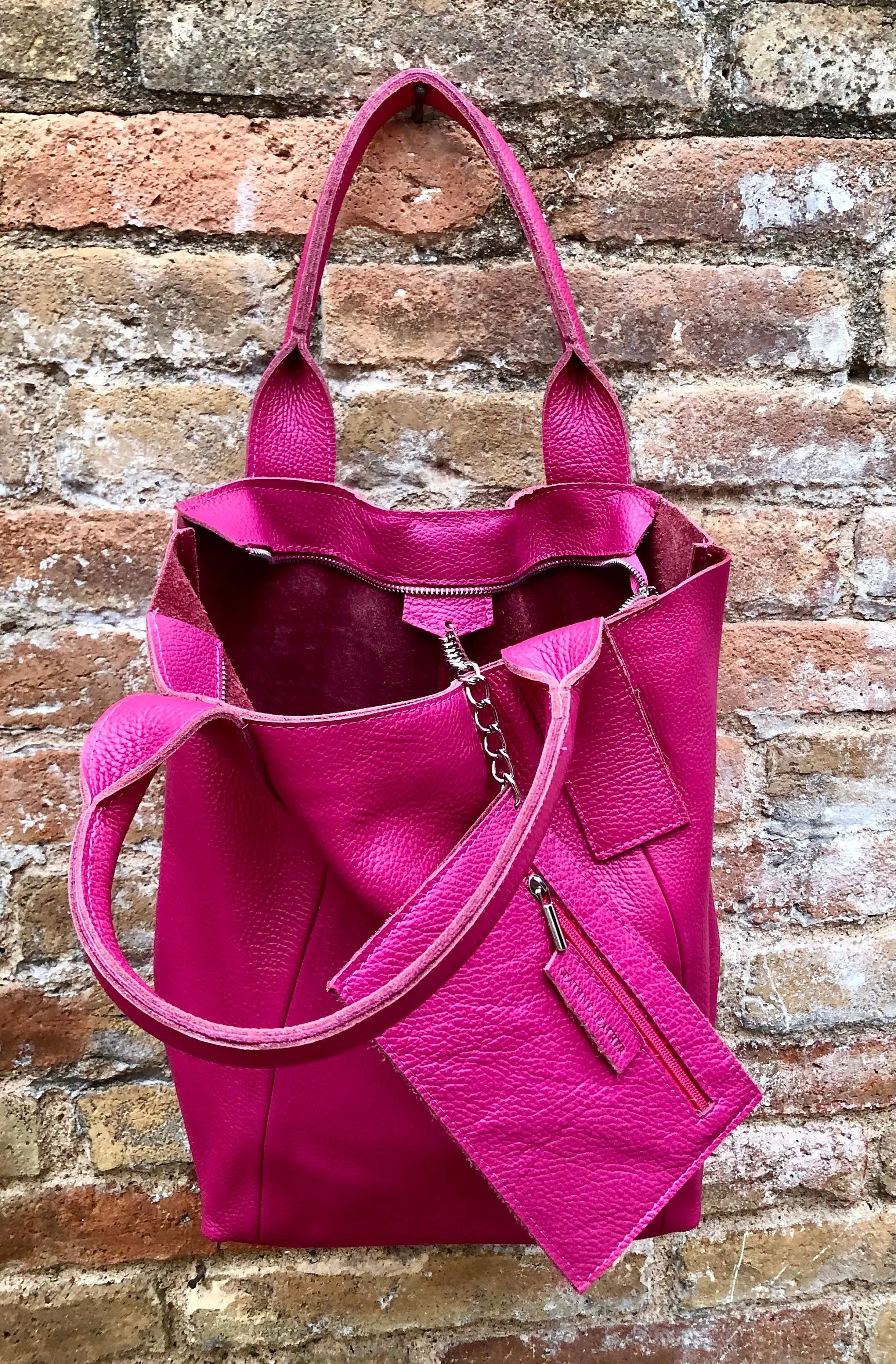 Hot PINK shopper bag in GENUINE leather. Large carry all bag for laptops, books. Fuchsia pink leather tote /  bucket bag. Pink leather purse