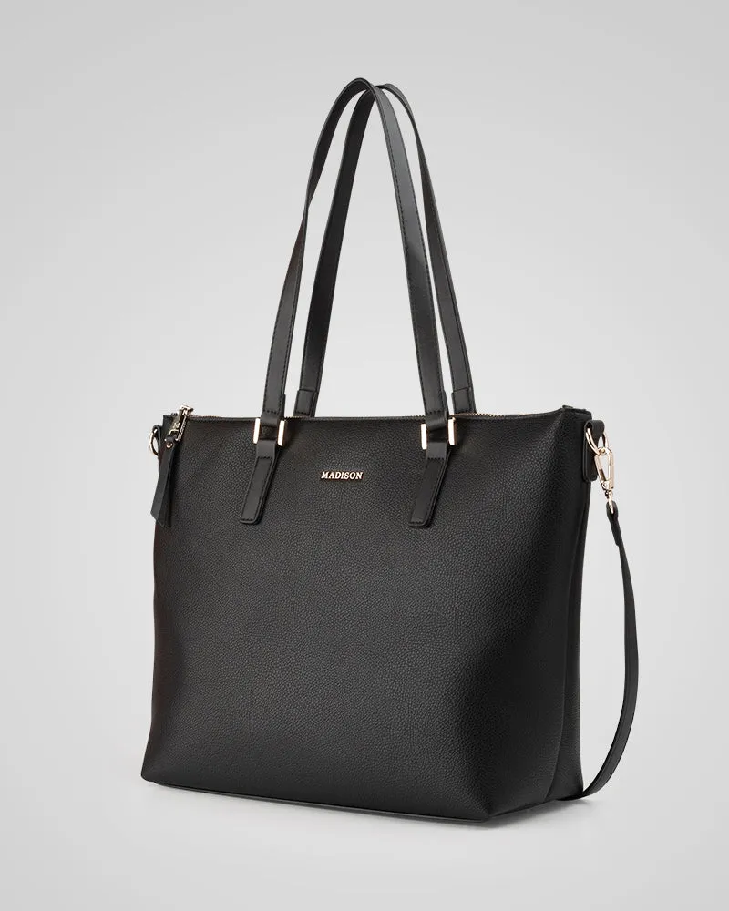 Inga Large Zip Top Tote Bag with Laptop Pocket   Zebra Bag Strap