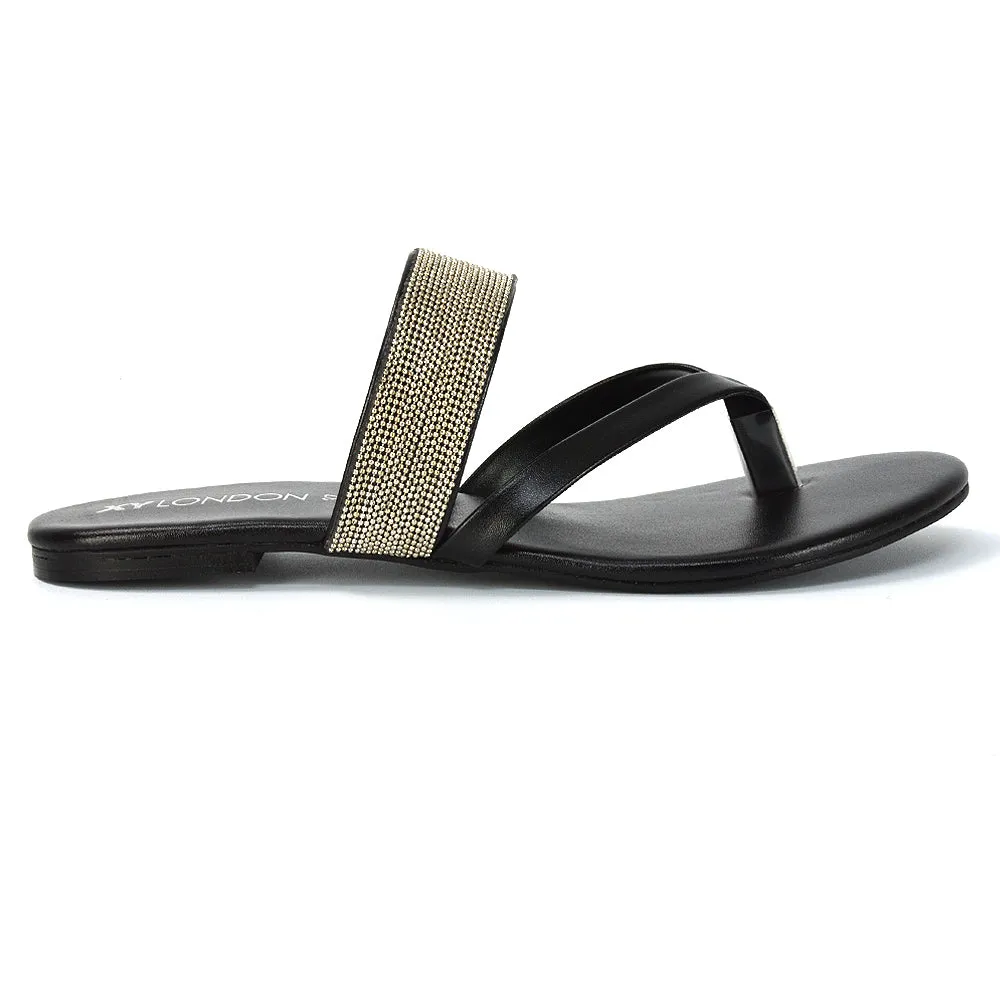 Karis Flat Strappy Toe Post Slip on Flip Flop Slides Diamante Sandals in Gold