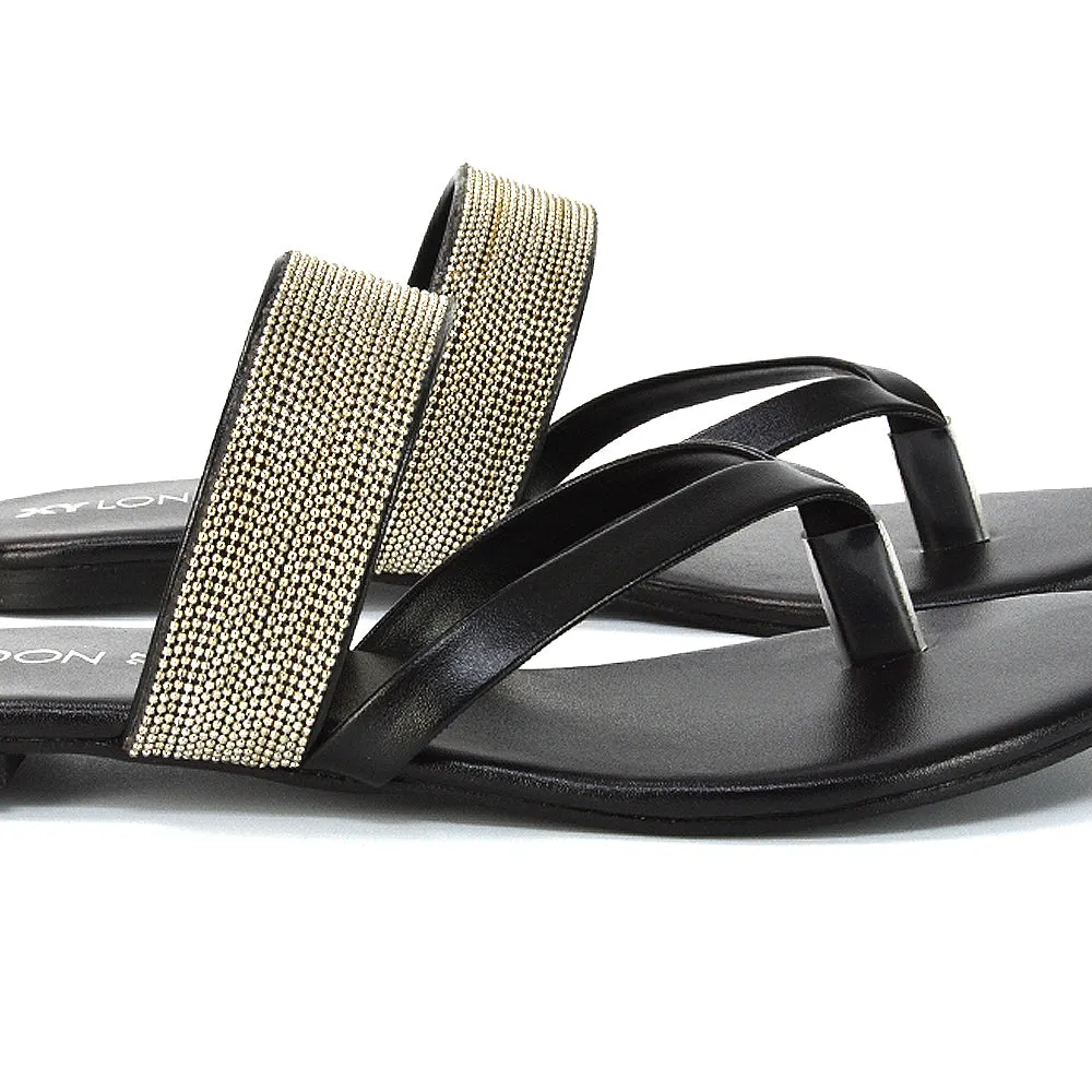 Karis Flat Strappy Toe Post Slip on Flip Flop Slides Diamante Sandals in Gold