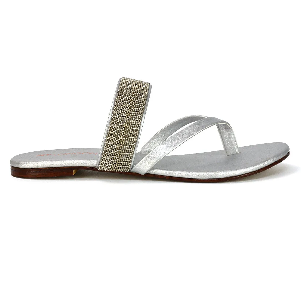 Karis Flat Strappy Toe Post Slip on Flip Flop Slides Diamante Sandals in Gold