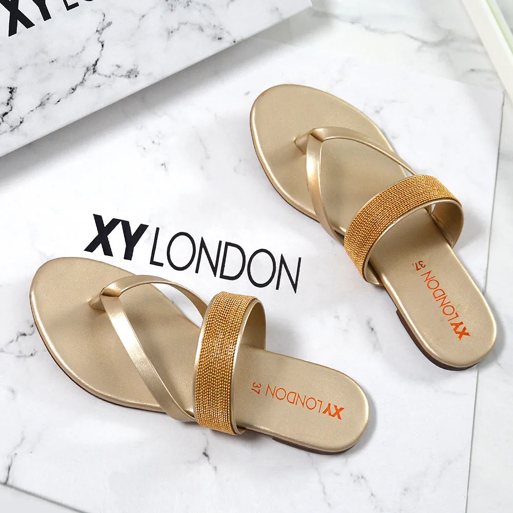 Karis Flat Strappy Toe Post Slip on Flip Flop Slides Diamante Sandals in Gold
