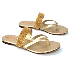 Karis Flat Strappy Toe Post Slip on Flip Flop Slides Diamante Sandals in Gold