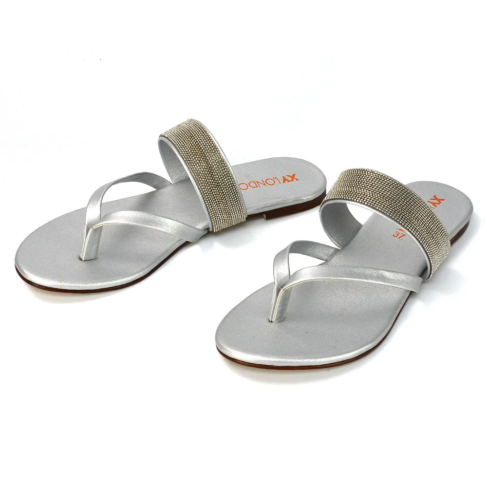 Karis Flat Strappy Toe Post Slip on Flip Flop Slides Diamante Sandals in Gold