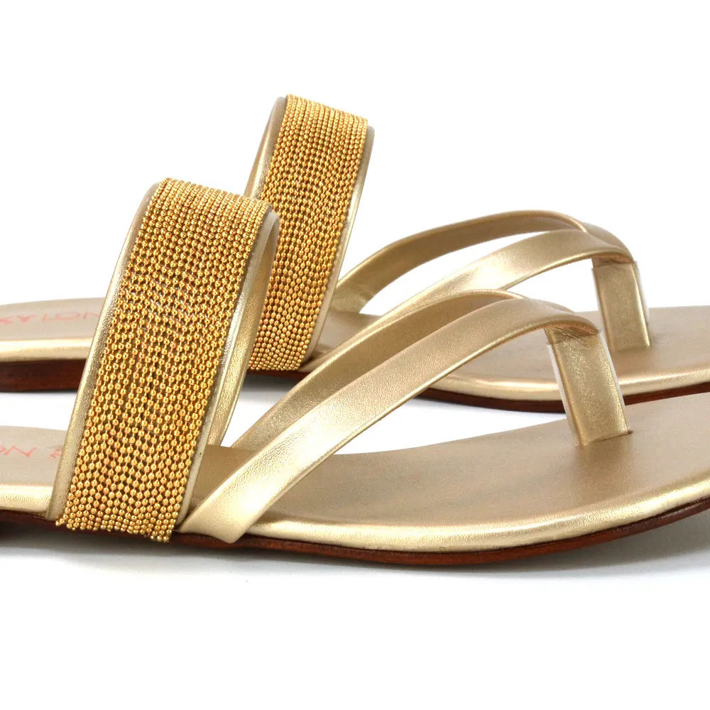 Karis Flat Strappy Toe Post Slip on Flip Flop Slides Diamante Sandals in Gold