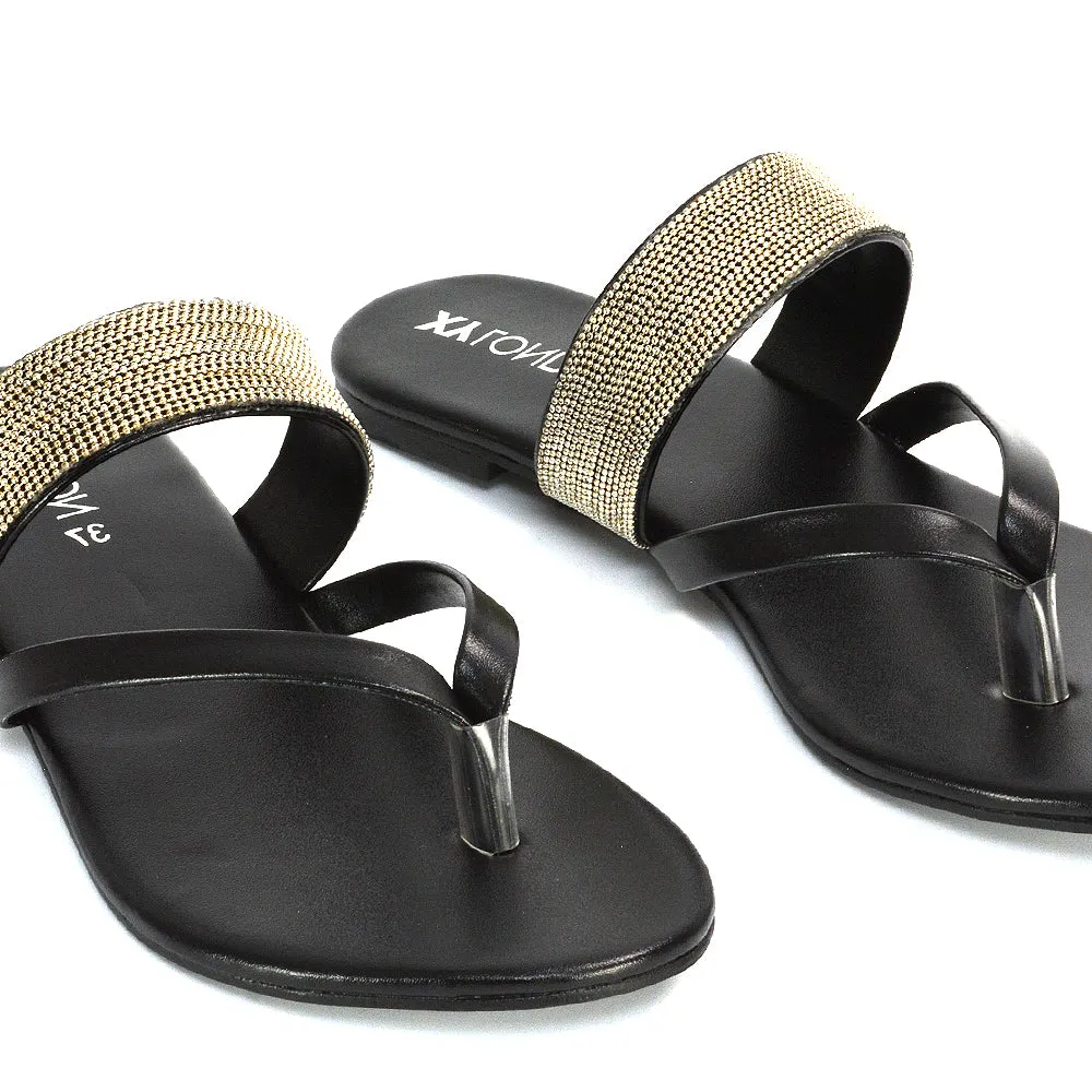 Karis Flat Strappy Toe Post Slip on Flip Flop Slides Diamante Sandals in Gold