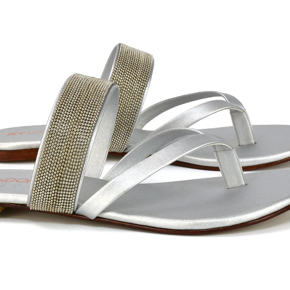 Karis Flat Strappy Toe Post Slip on Flip Flop Slides Diamante Sandals in Gold