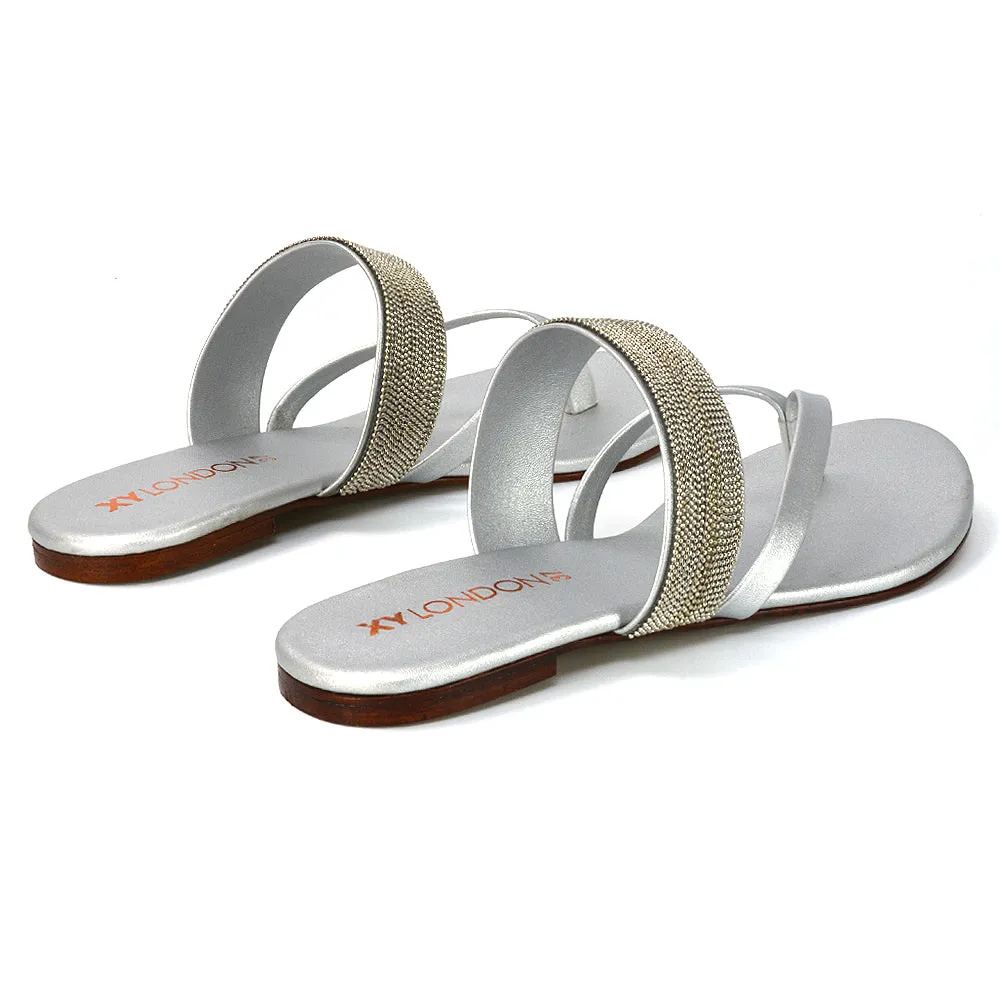 Karis Flat Strappy Toe Post Slip on Flip Flop Slides Diamante Sandals in Gold