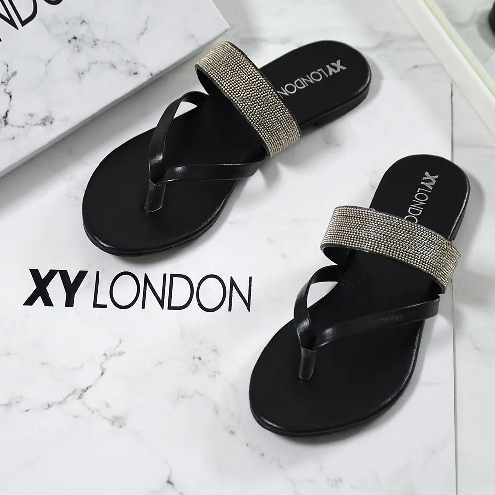 Karis Flat Strappy Toe Post Slip on Flip Flop Slides Diamante Sandals in Gold