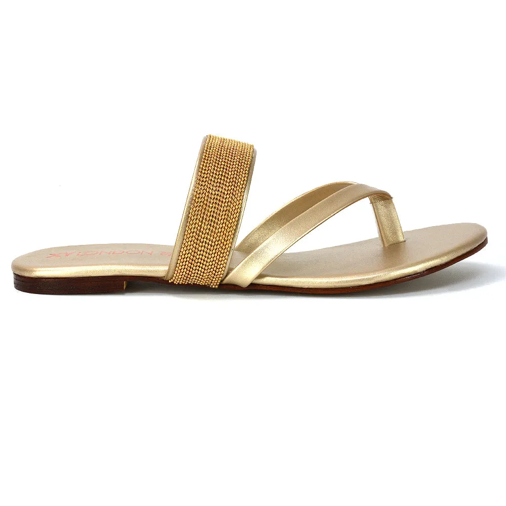 Karis Flat Strappy Toe Post Slip on Flip Flop Slides Diamante Sandals in Gold