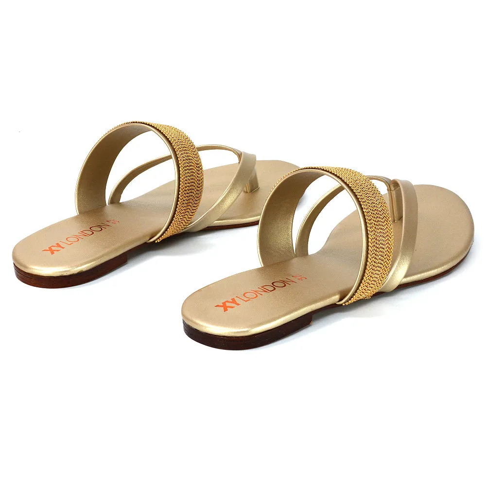 Karis Flat Strappy Toe Post Slip on Flip Flop Slides Diamante Sandals in Gold
