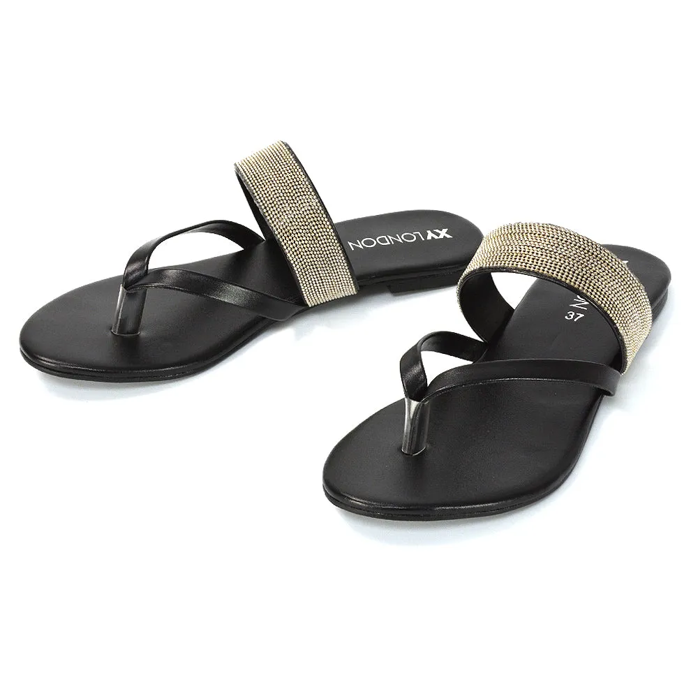 Karis Flat Strappy Toe Post Slip on Flip Flop Slides Diamante Sandals in Gold