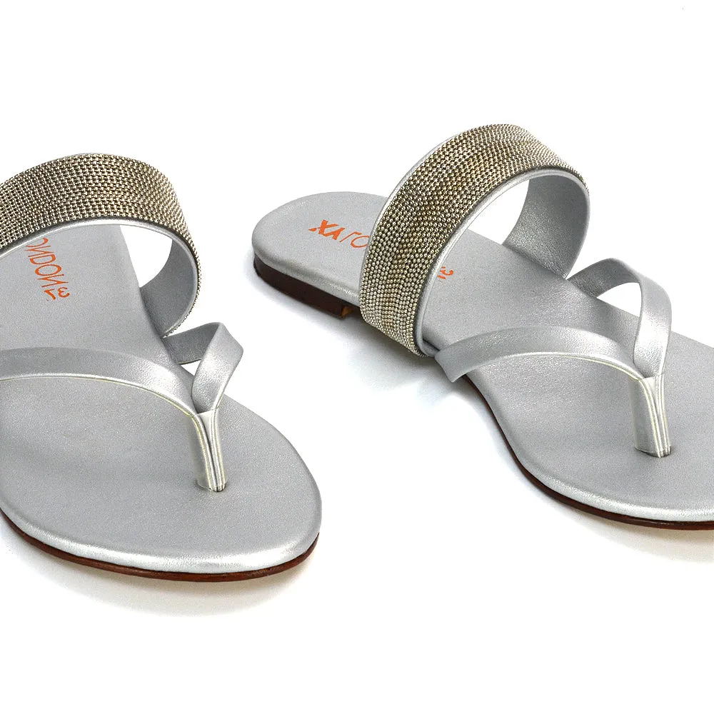 Karis Flat Strappy Toe Post Slip on Flip Flop Slides Diamante Sandals in Gold