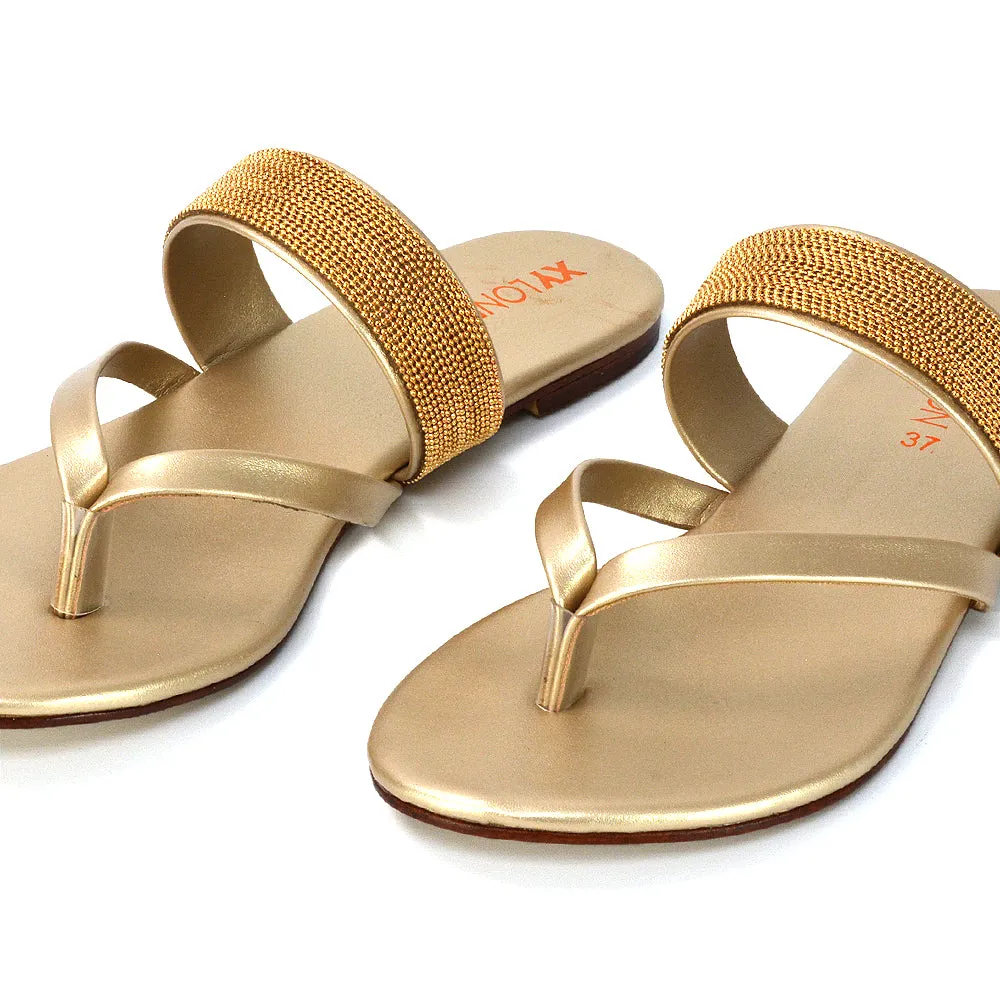 Karis Flat Strappy Toe Post Slip on Flip Flop Slides Diamante Sandals in Gold