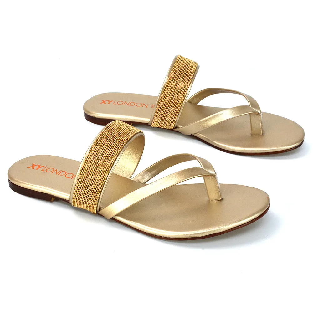 Karis Flat Strappy Toe Post Slip on Flip Flop Slides Diamante Sandals in Gold
