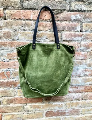 Large TOTE leather bag in moss green. Soft natural suede genuine leather bag. Lined GREEN suede purse. Shoulder   crossbody longer strap.