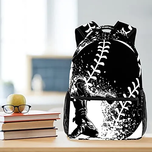 LORVIES Black White Design Softball Lightweight School Classic Backpack Travel Rucksack for Girls Women Kids Teens
