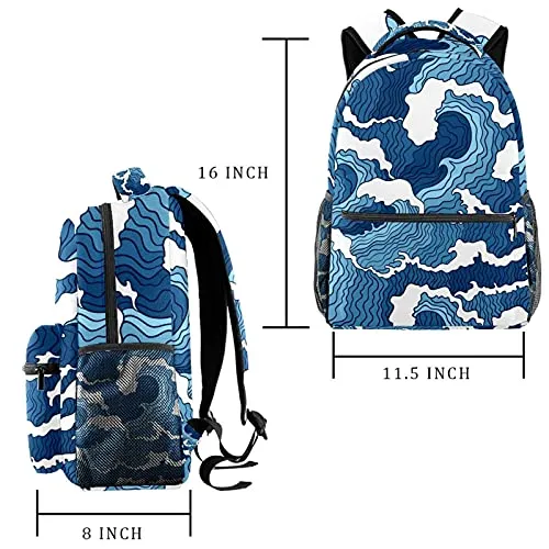 LORVIES Japanese Abstract Blue Wave Lightweight School Classic Backpack Travel Rucksack for Girls Women Kids Teens