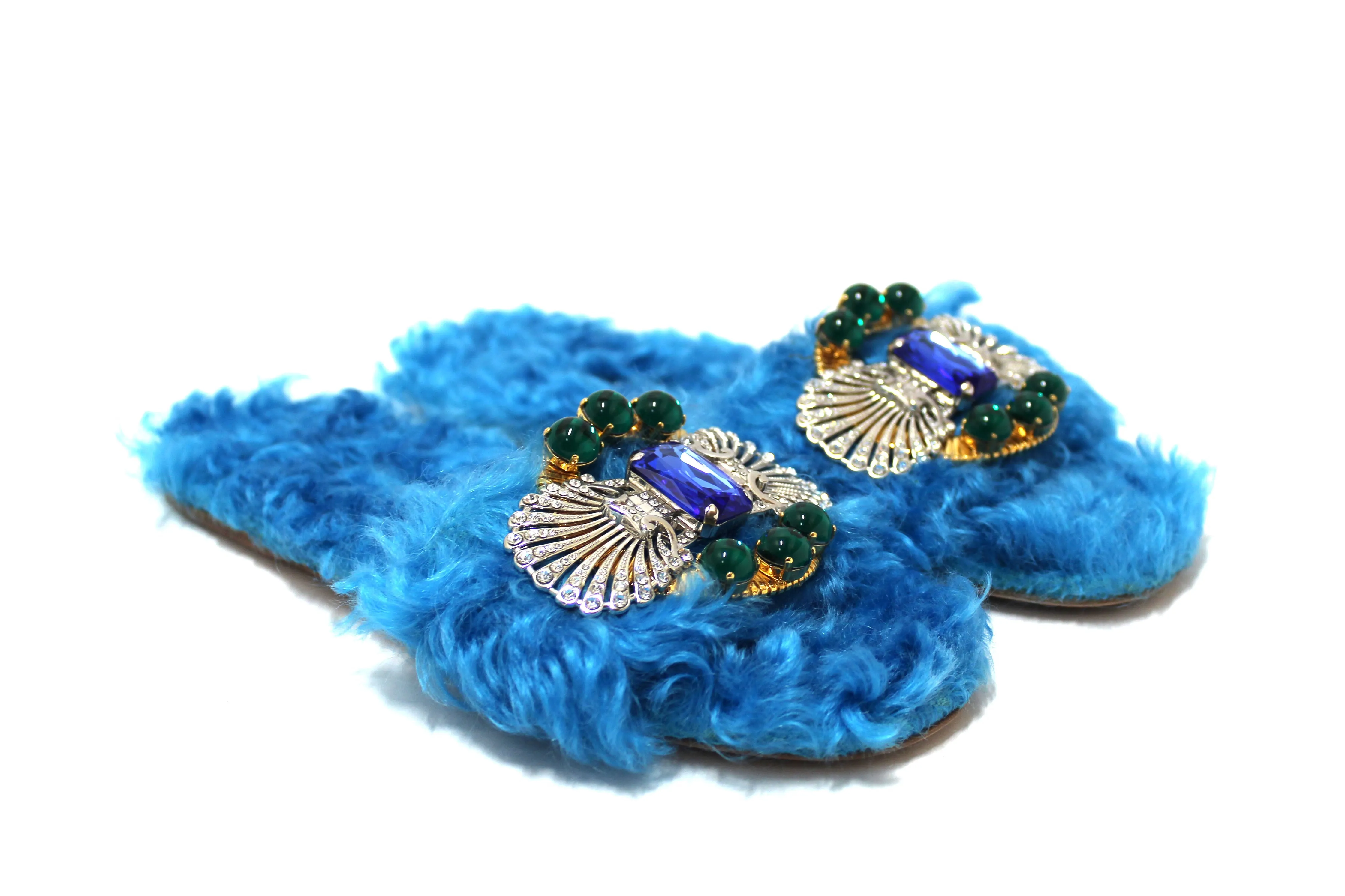 Miu Miu Teal Turquoise Blue Sherling Fur Rhinestones Flat Sandals Shoes Size 35