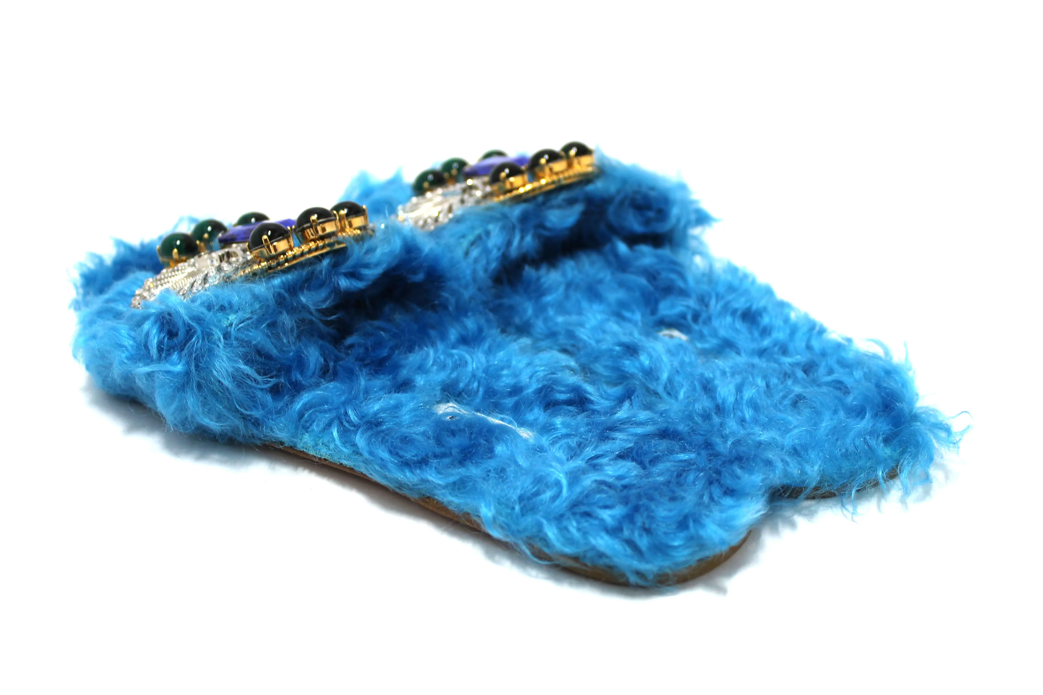 Miu Miu Teal Turquoise Blue Sherling Fur Rhinestones Flat Sandals Shoes Size 35