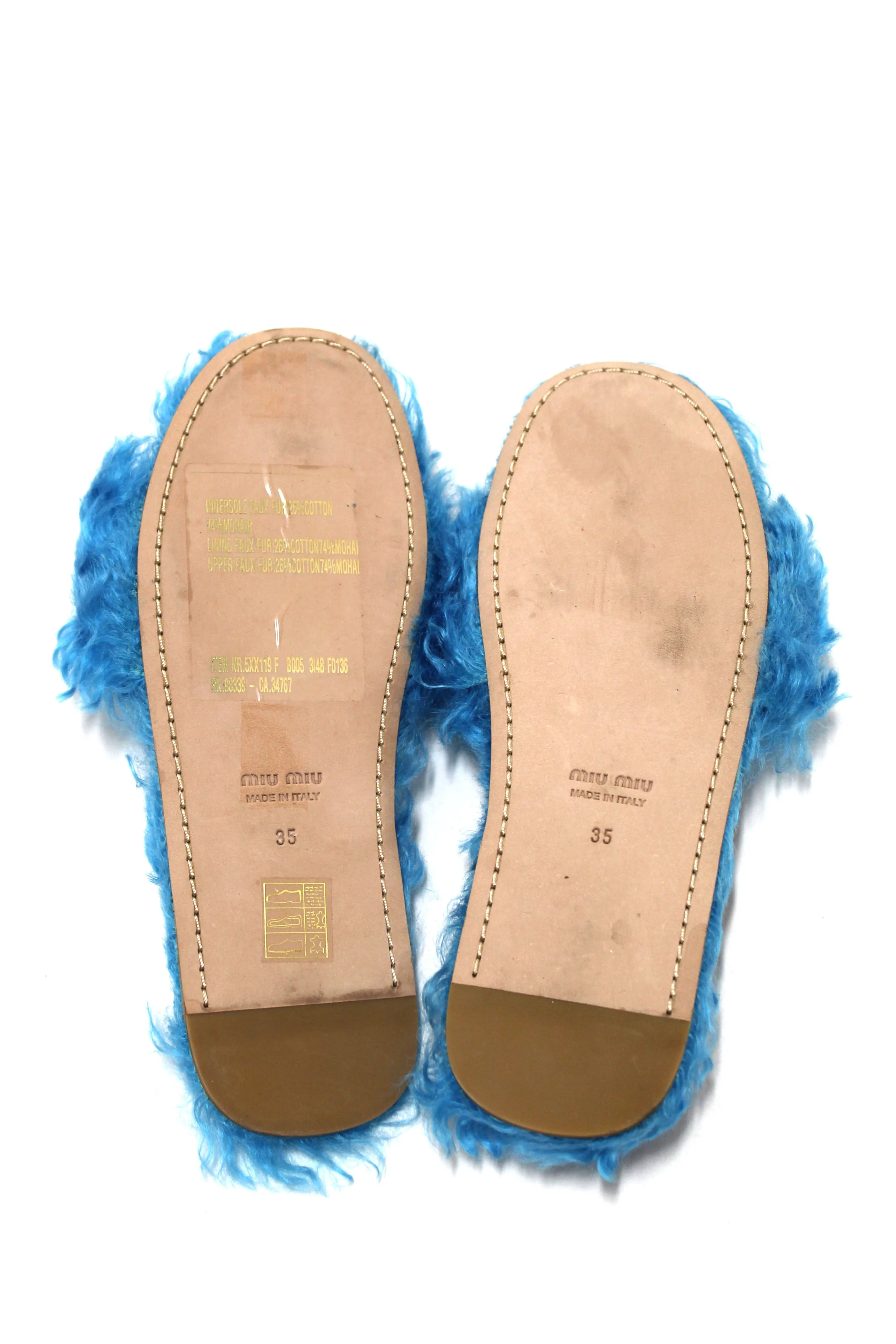 Miu Miu Teal Turquoise Blue Sherling Fur Rhinestones Flat Sandals Shoes Size 35