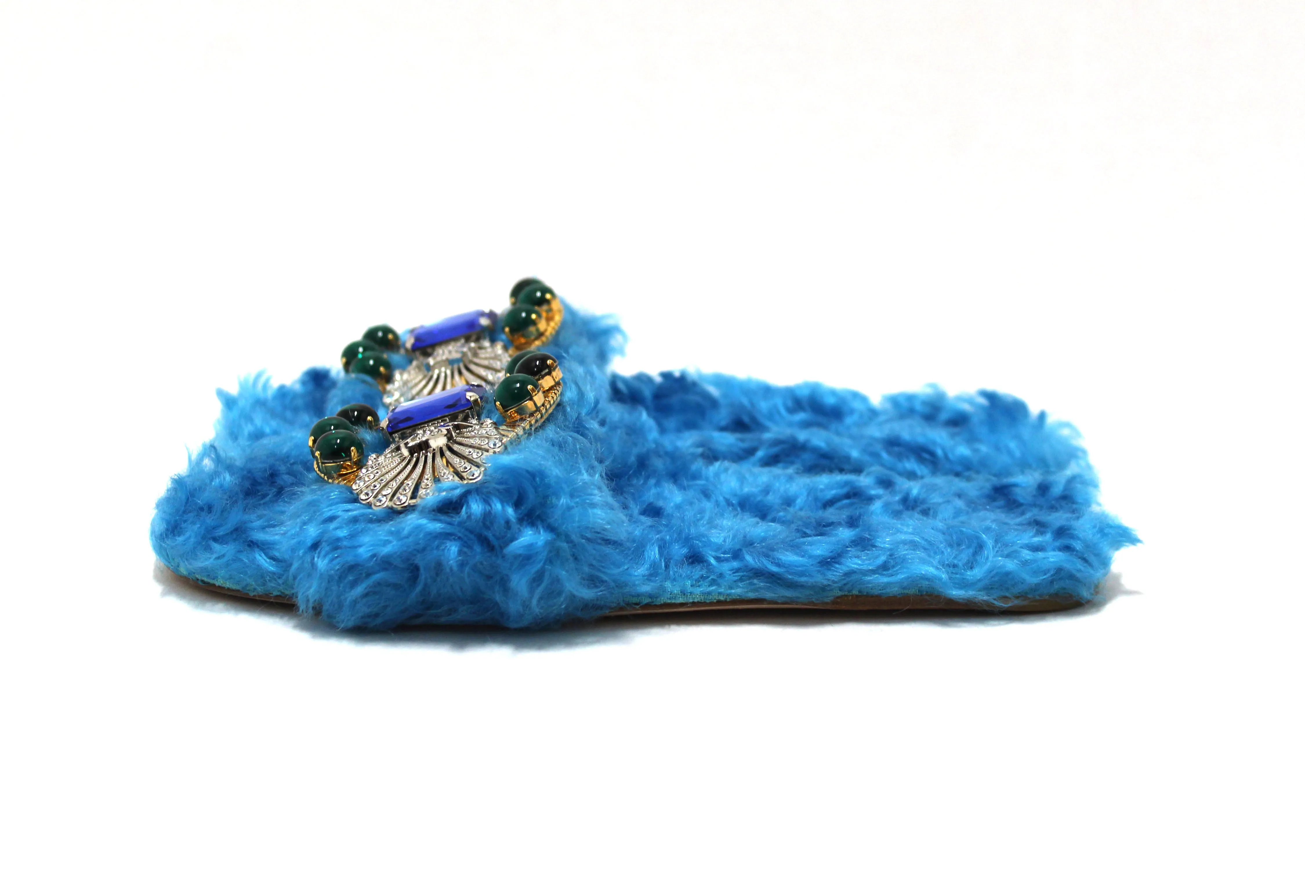 Miu Miu Teal Turquoise Blue Sherling Fur Rhinestones Flat Sandals Shoes Size 35