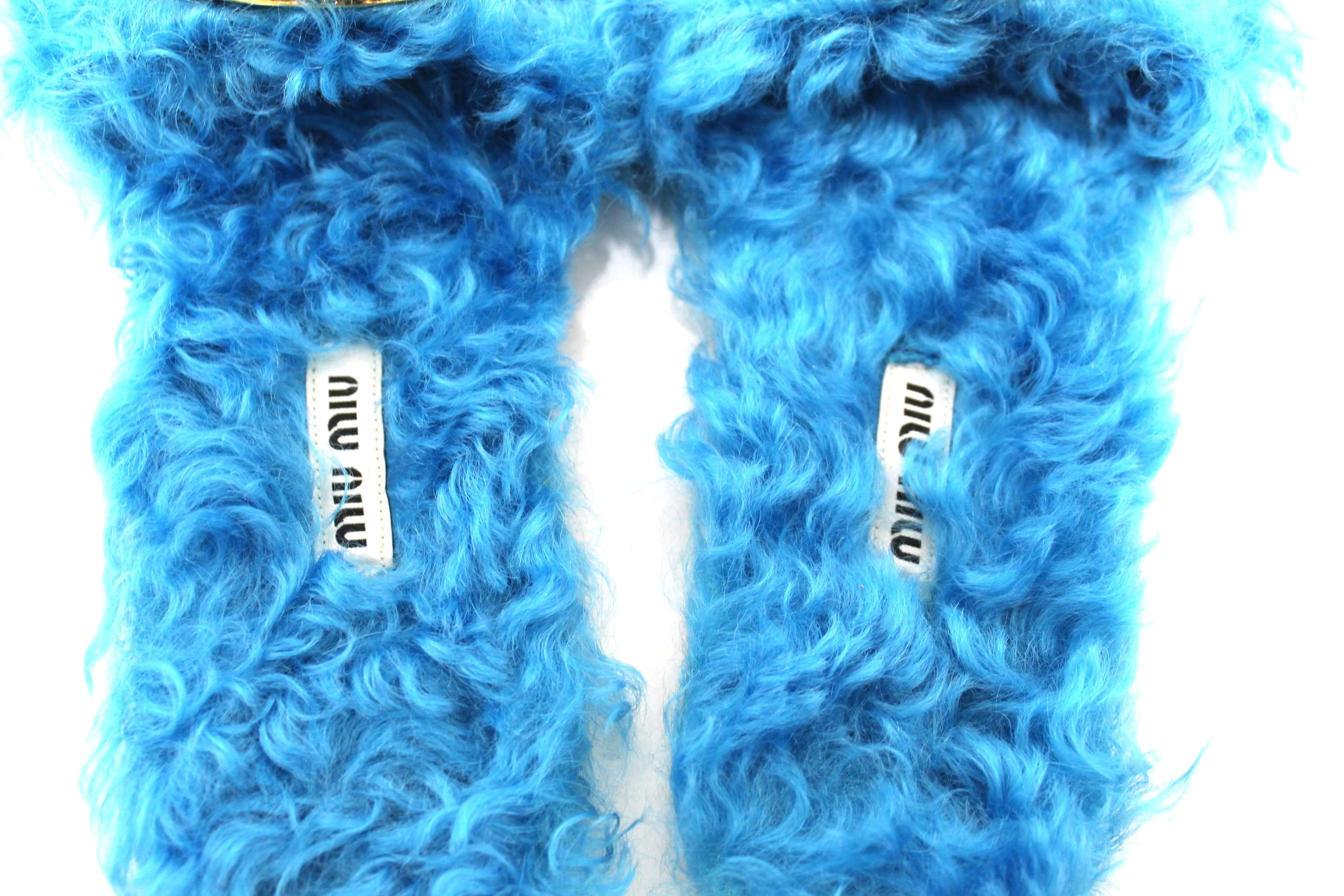 Miu Miu Teal Turquoise Blue Sherling Fur Rhinestones Flat Sandals Shoes Size 35