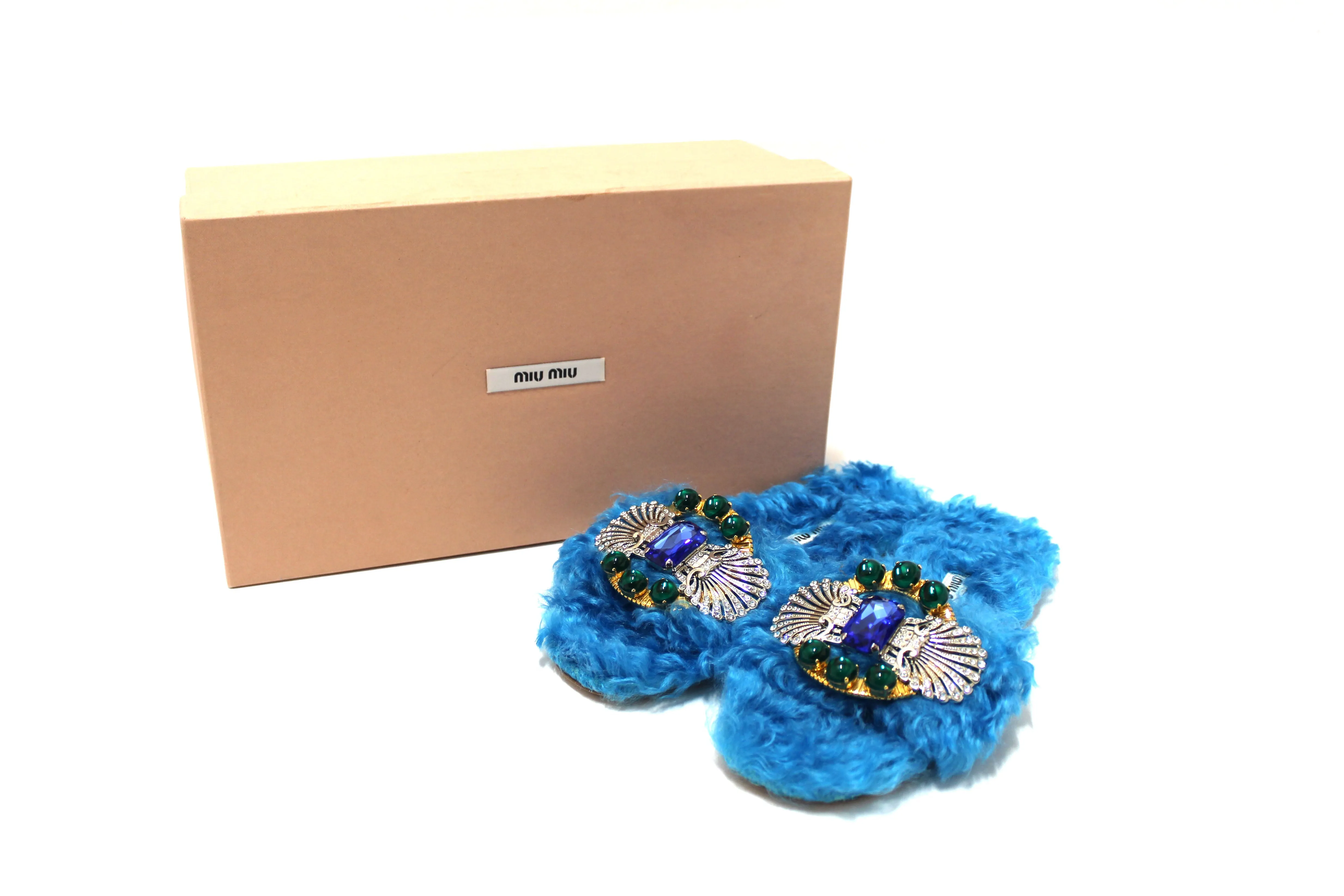 Miu Miu Teal Turquoise Blue Sherling Fur Rhinestones Flat Sandals Shoes Size 35