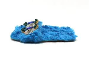 Miu Miu Teal Turquoise Blue Sherling Fur Rhinestones Flat Sandals Shoes Size 35