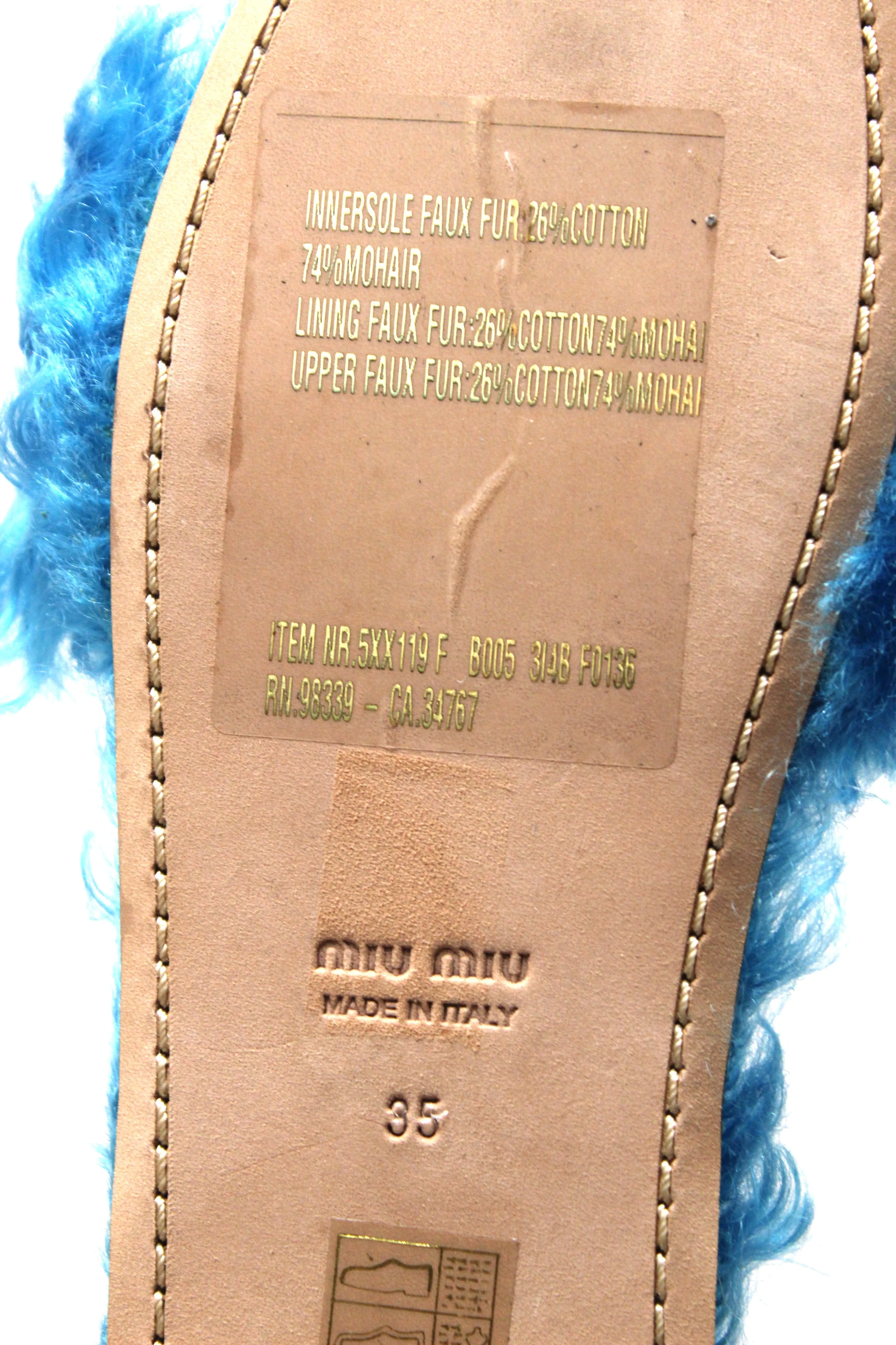 Miu Miu Teal Turquoise Blue Sherling Fur Rhinestones Flat Sandals Shoes Size 35